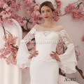 Elegant A-line Floor-length Bridal Gown white Organza bell sleeve lace wedding dress